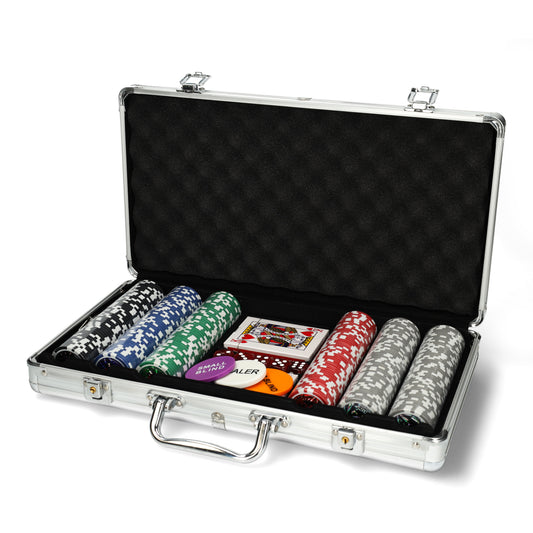Aluminium pokerkoffer — complete set met fiches inclusief waarde‑aanduiding.