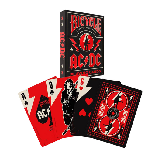 Bicycle poker varianten — AC/DC, Guns & Roses en Bourbon edities.