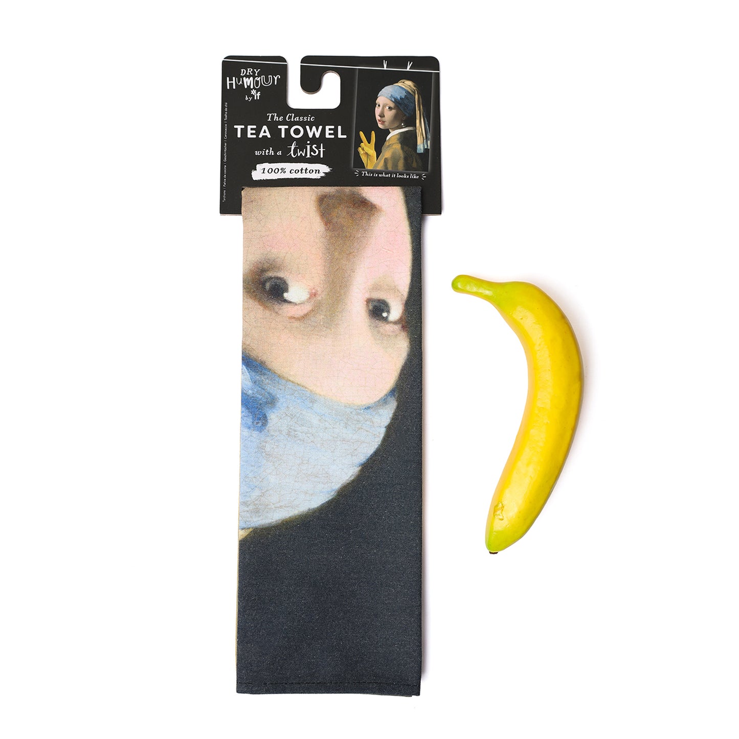 Keukentextiel Meisje met de gele handschoen — originele theedoek die afwassen leuker maakt.