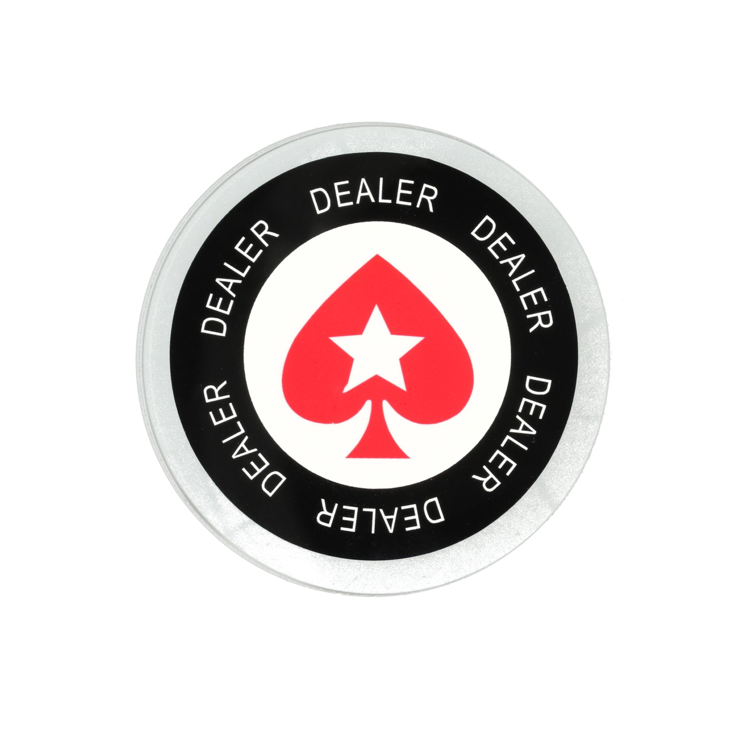 Luxe dealer button zwart‑wit met rood hart symbool — ideaal voor thuis pokertoernooien en casino games.