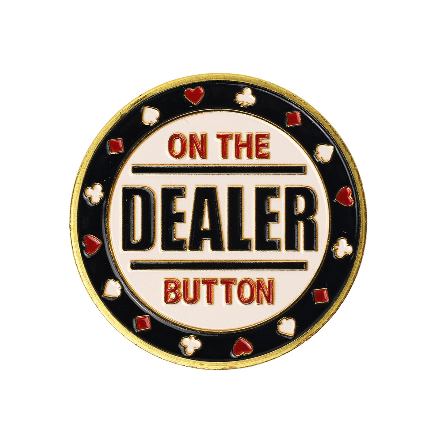 Luxe metalen pokerbuttons — dealer, small blind en big blind in één set.