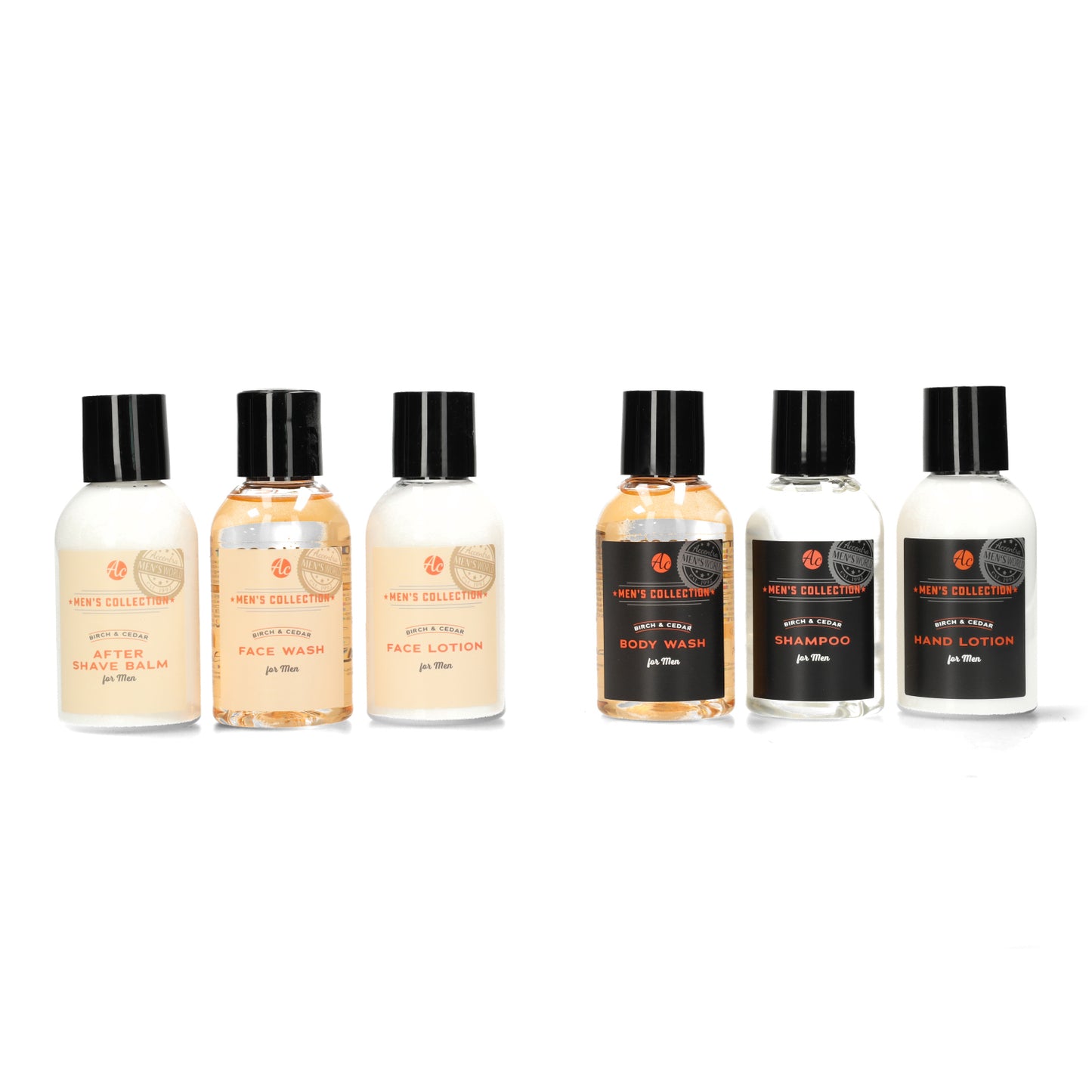 Mannen verzorgingspakket met opener - compacte 6 flesjes set in stijlvolle kraftdoos - praktisch en origineel cadeau voor hem.