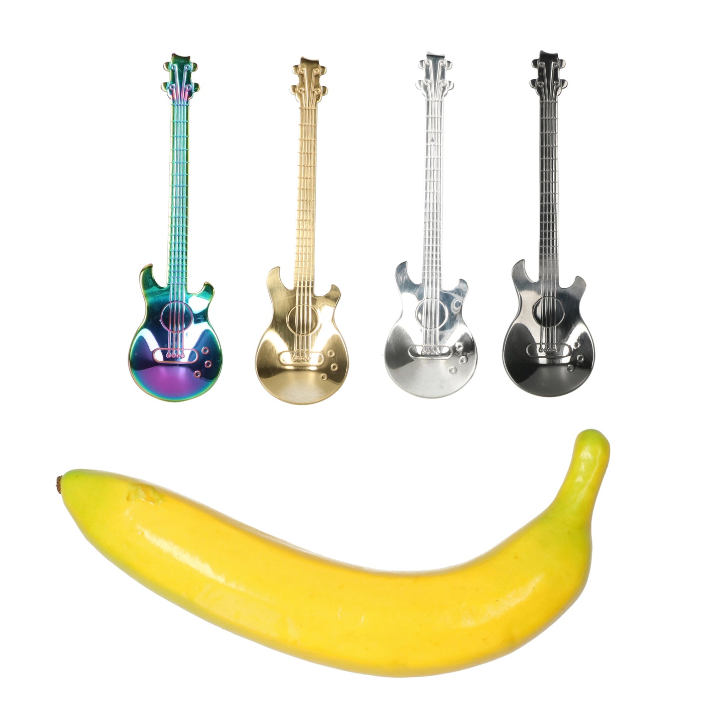 Muziek cadeauset van 4 gitaarlepels - opvallende moklepels in verschillende kleuren -geschikt voor ontbijt, desserts en mokken.