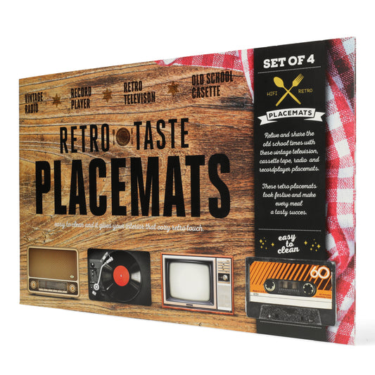 Retro placemats set van 4 — met print van oude televisie, vintage radio, cassettebandje en platenspeler.