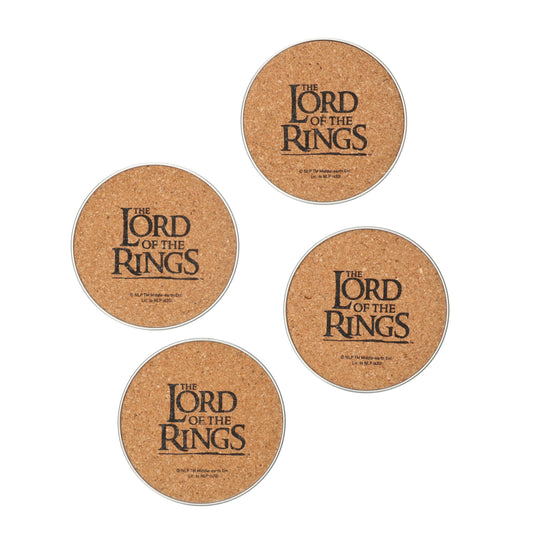 Set 4 Lord of the Rings onderzetters - robuuste metalen bovenkant - kurkbodem voorkomt condensvlekken en krassen.