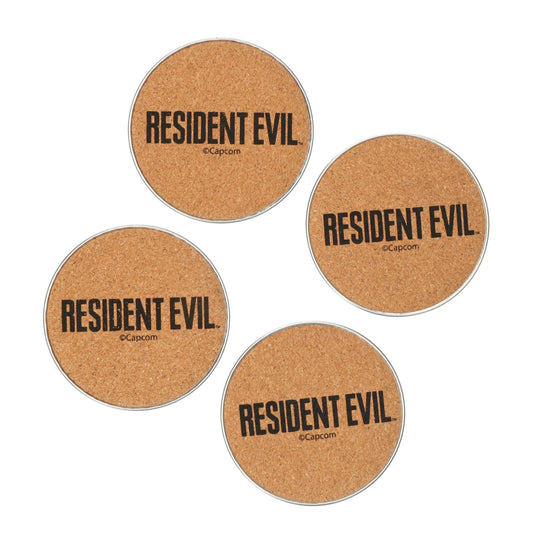 Set 4 onderzetters Resident Evil - metalen design met RPD embleem en kurkbodem - voorkomt condensvlekken op tafels.