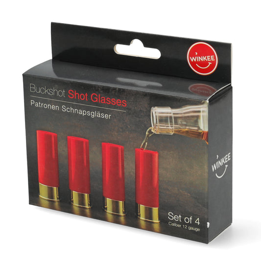 Set van 4 Buckshot shotglaasjes in vorm van hagelpatroon 12 gauge - stoer cadeau voor mancave en vrijgezellenfeest.