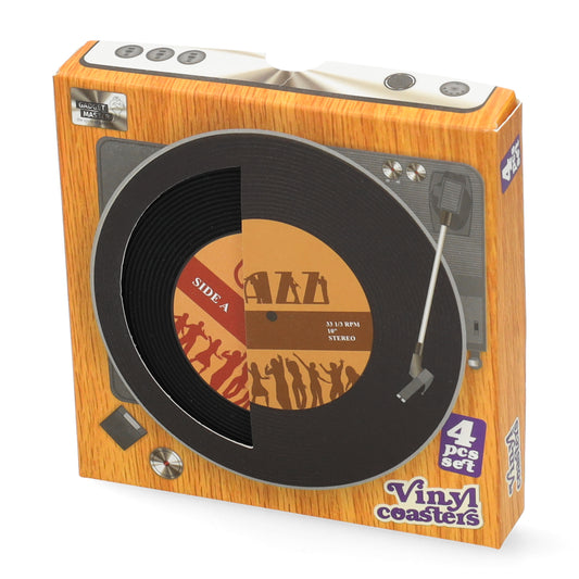 Set van 4 LP onderzetters - rubber stijlvolle vinyl themaonderzetters ideaal als goedkoop cadeau.