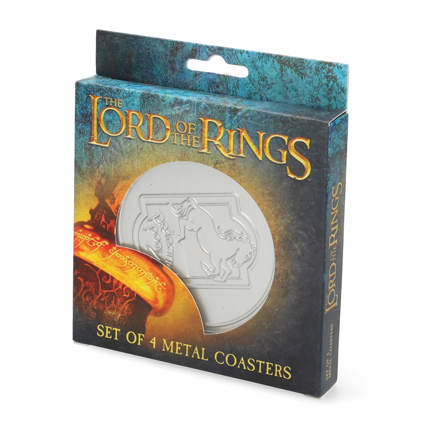 Set van 4 Lord of the Rings metalenonderzetters met kurk onderzijde - beschermt tafels tegen krassen en vlekken - ideaal voor LOTR fans.