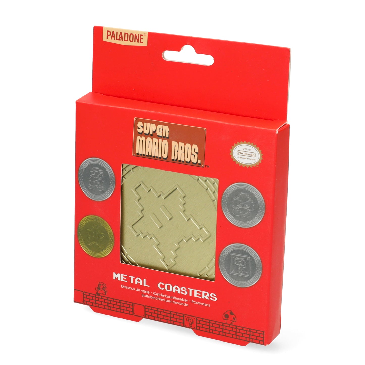 Set van 4 Super Mario metalen onderzetters met kurk onderzijde - beschermt tafels tegen krassen en vlekken. Perfect voor fans van Nintendo.
