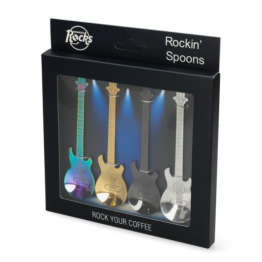 Set van 4 gitaarvormige RVS koffie lepels - kleurrijke moklepels voor koffie, yoghurt en ontbijt - perfect cadeau voor gitaar en muziekliefhebbers.