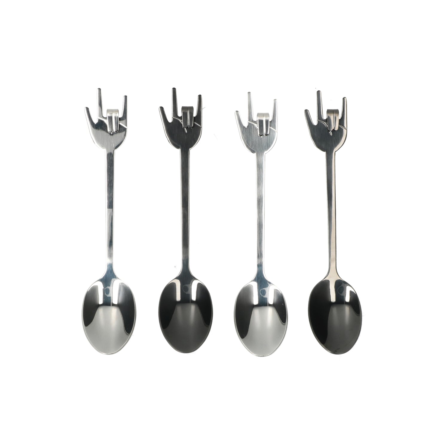 Set van 4 roestvrijstalen rock-hand koffielepels - grote lepels met rock-horns symbool, ideaal voor koffie, yoghurt en ontbijt.