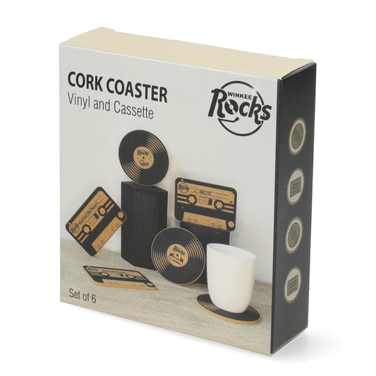 Set van 6 kurken onderzetters 3 vinyl en 3 cassette - retro muziek coasters voor glazen en mokken - perfect cadeau voor muziek liefhebbers.