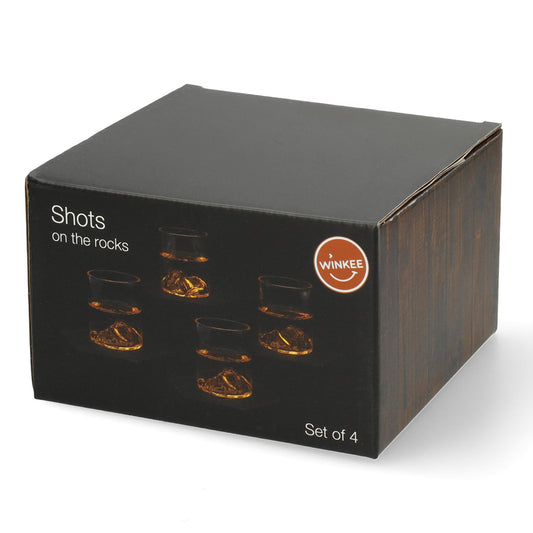 Shotglaasjes met bergen in de bodem — uniek cadeau voor feestjes en borrels.