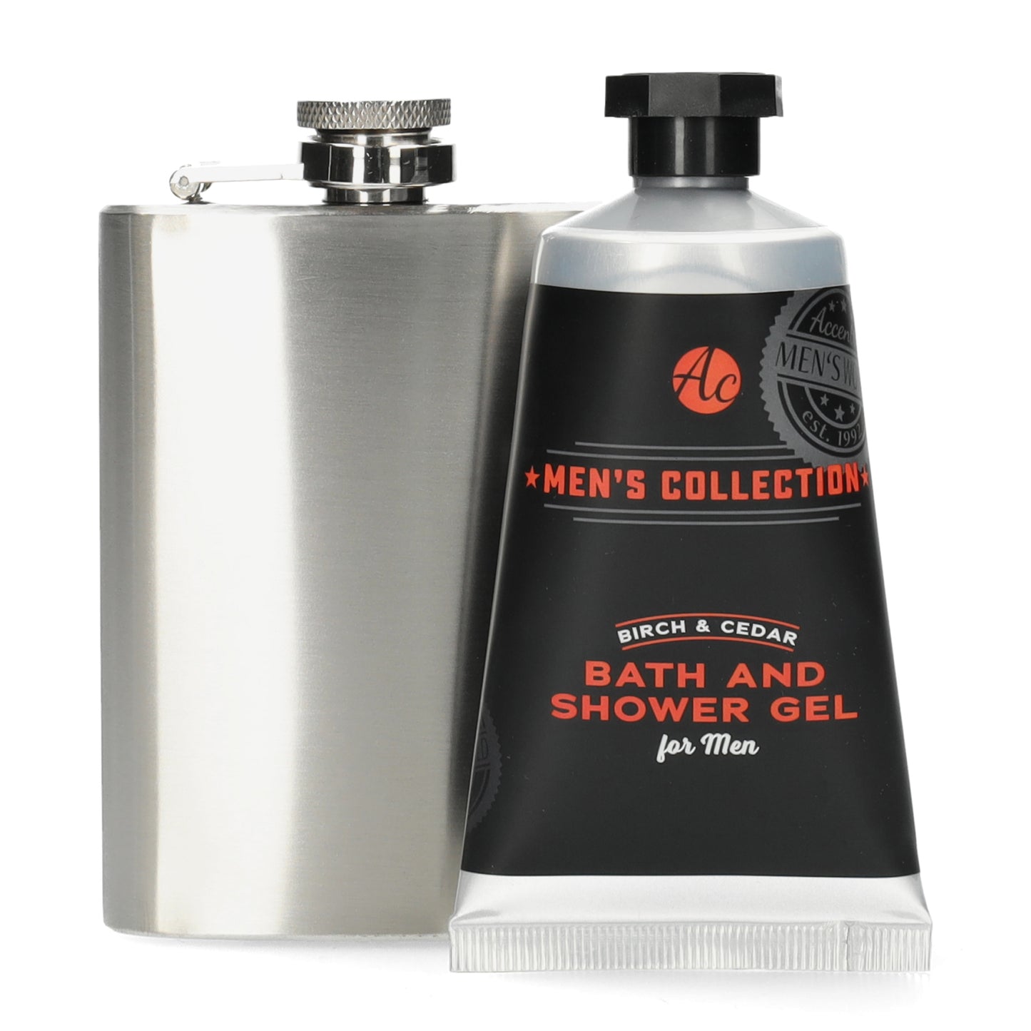 Travel giftset - Cheers - hipflask in RVS - Bath & Shower Gel - Birch & Cedar - stijl volle cadeauverpakking voor hem.