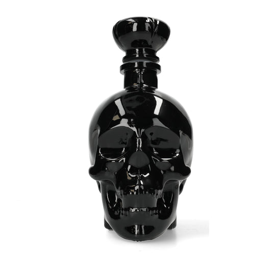 Zwarte doodshoofd decanter van glas - stijlvolle skull decanter als statement piece voor mancave en thuisbar.