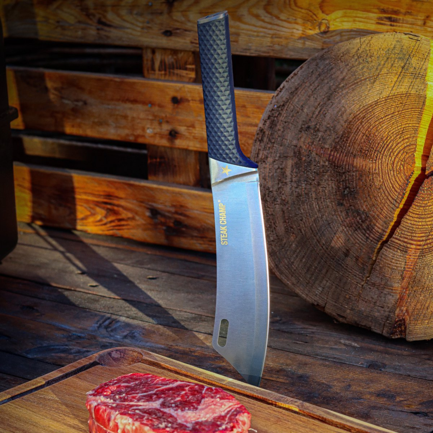 Steak Champ Chef’s Knife — luxe koksmes, perfect cadeau voor grillmasters en thuiskoks.