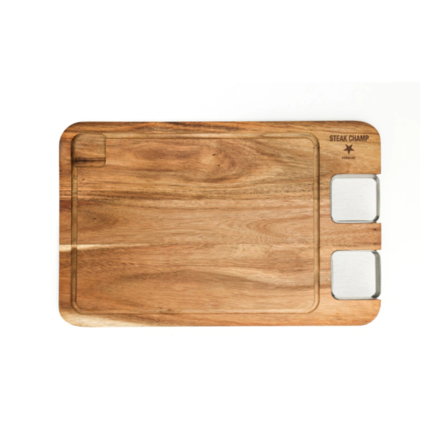 Steak Champ BBQ & Steak serveerplank — luxe acaciahouten plank met sapgeul.