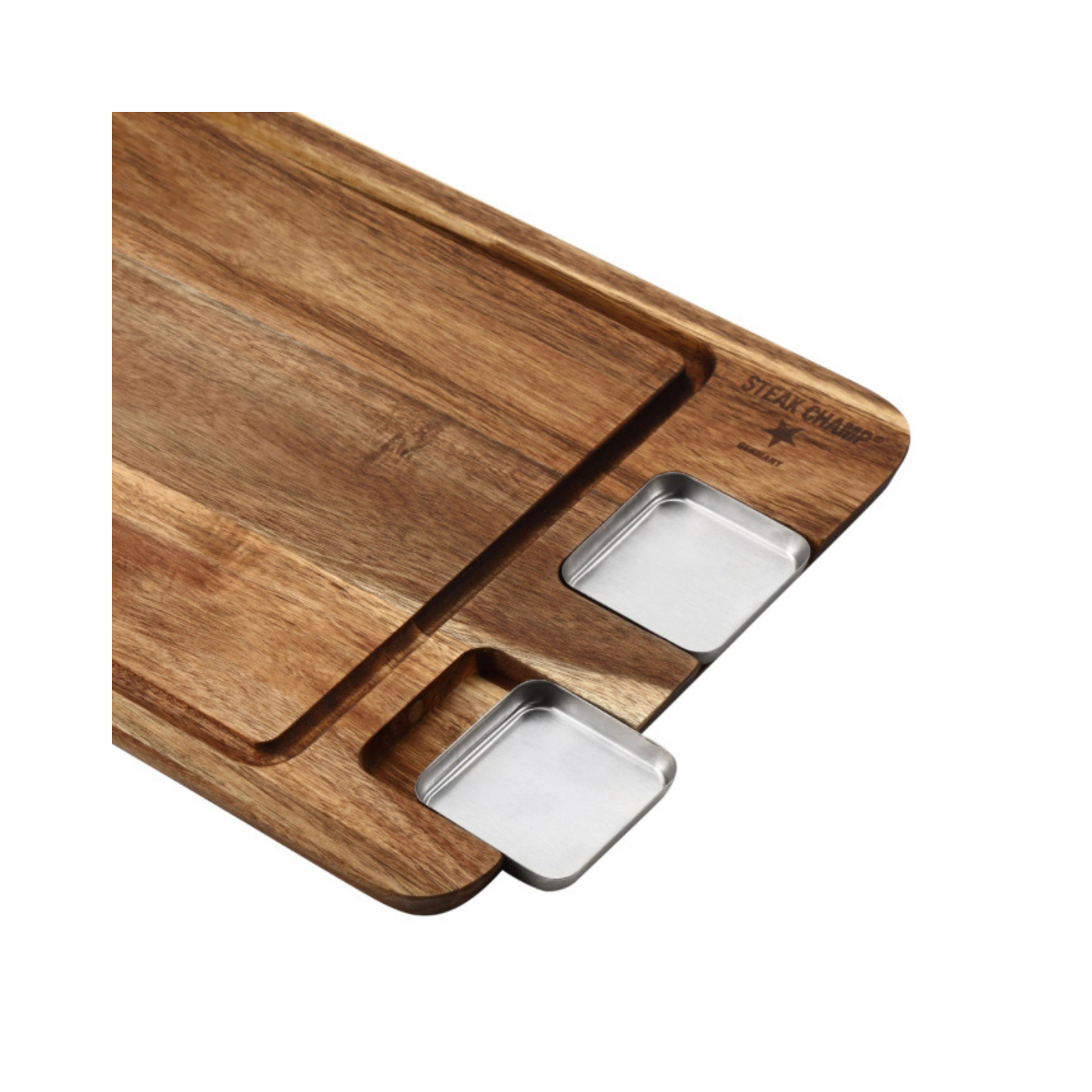 Perfect Steak Plate van Steak Champ — stijlvolle serveerplank met magnetische sausbakjes.