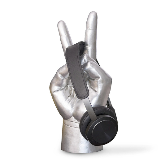 Peace Out koptelefoonhouder in de vorm van een zilveren hand