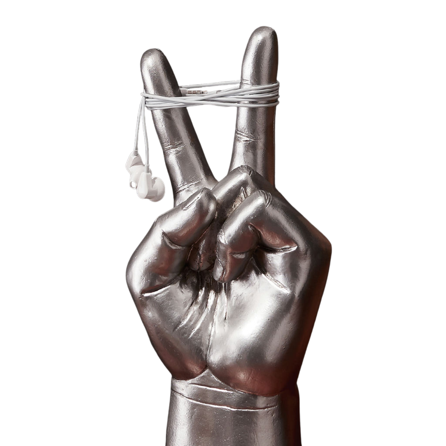 Zilverkleurige peace hand headset standaard op een bureau