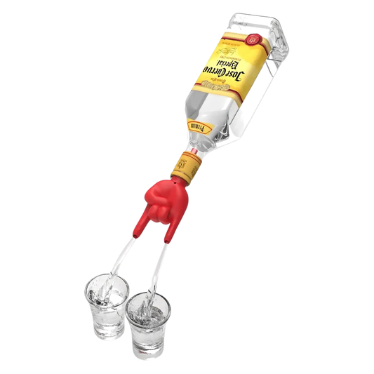 Rode rockhand schenktuit voor twee drankjes tegelijk