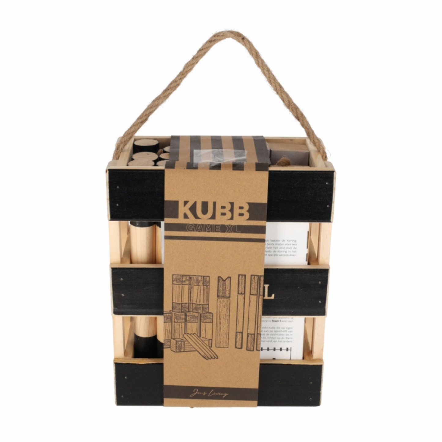 JENS Living Kubb Spel XL houten koning en kubbs opgesteld op het veld