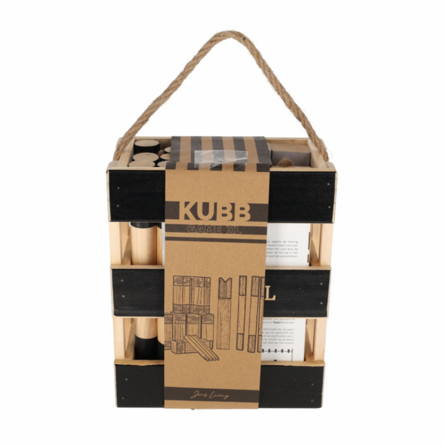 JENS Living Kubb Spel XL houten koning en kubbs opgesteld op het veld