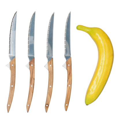 4_delig steakmessenset Eternum - driehoekige punt voorkomt dat het lemmet de tafel raakt - ideaal als top cadeau.Banana for scale