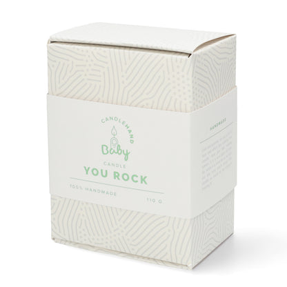 Babyhand design kaars — rock horns gebaar in mint, roze en blauw.