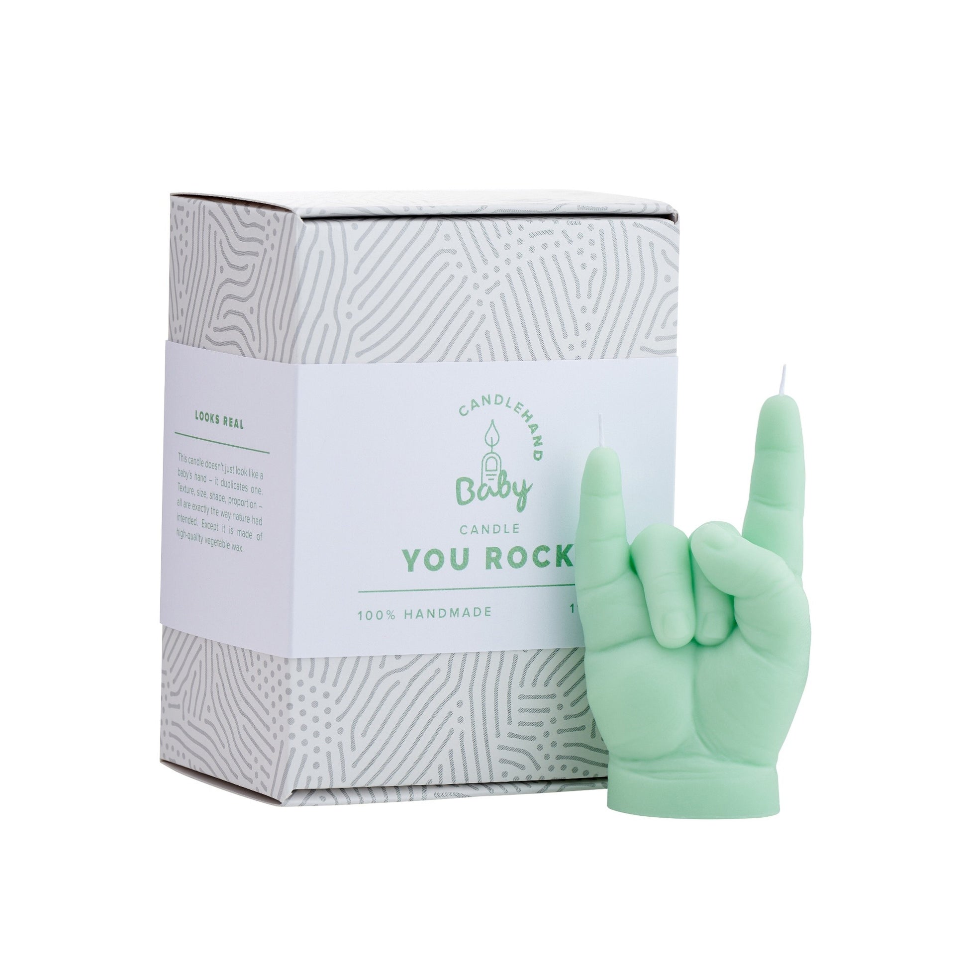 Babyhand kaars met rock horns sign — stoer cadeau voor ouders die van muziek houden.
