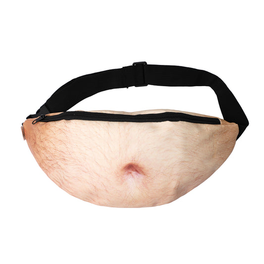 Bierbuik heuptas — hilarische fanny pack met realistisch buikdesign.