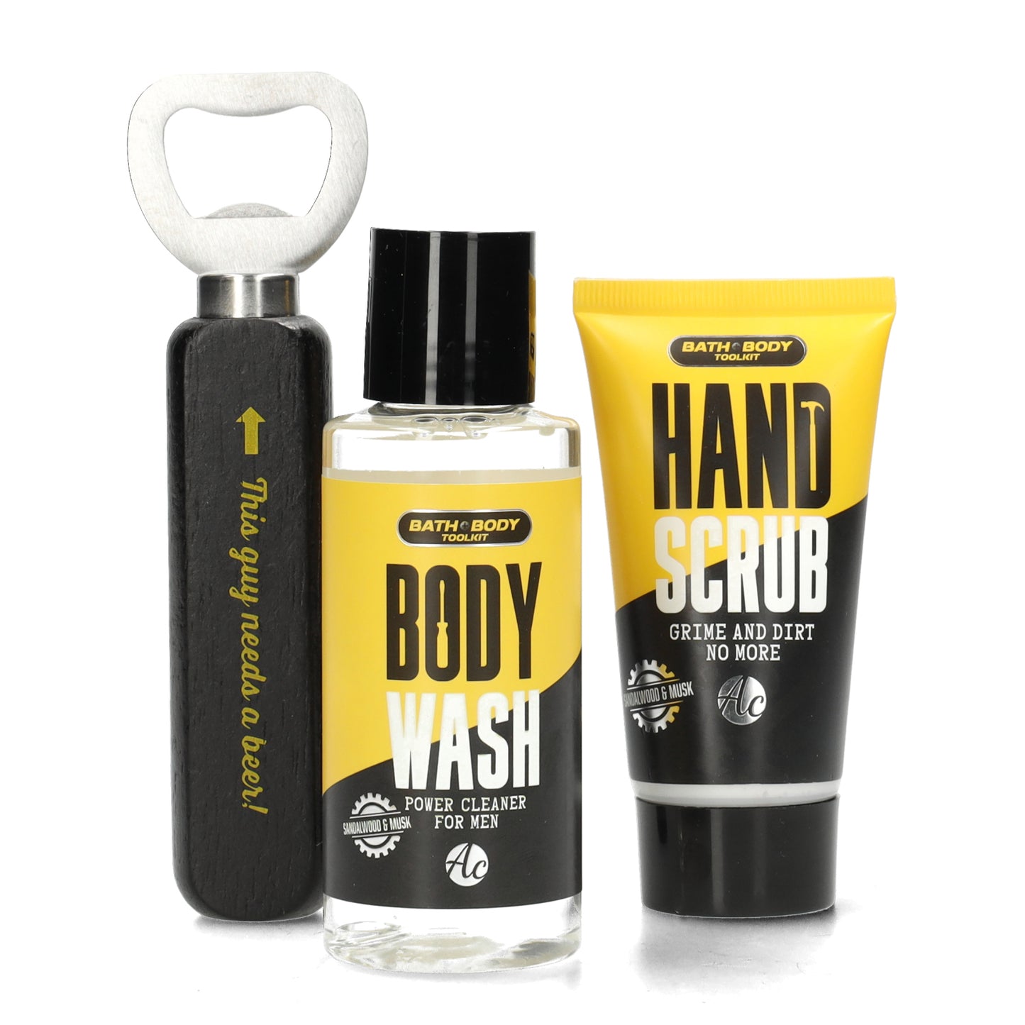 Cadeauverzorgingsset voor klusser en vader -bodywash en handscrub producten en travel - items in robuuste verpakking - perfect voor Vaderdag.