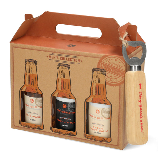 Cadeauverzorgingsset voor mannen - set van 6 flesjes - after shave - body wash - facelotion - shampoo - facewash - handlotion - in kraft six-pack geschenkdoos met flesopener.