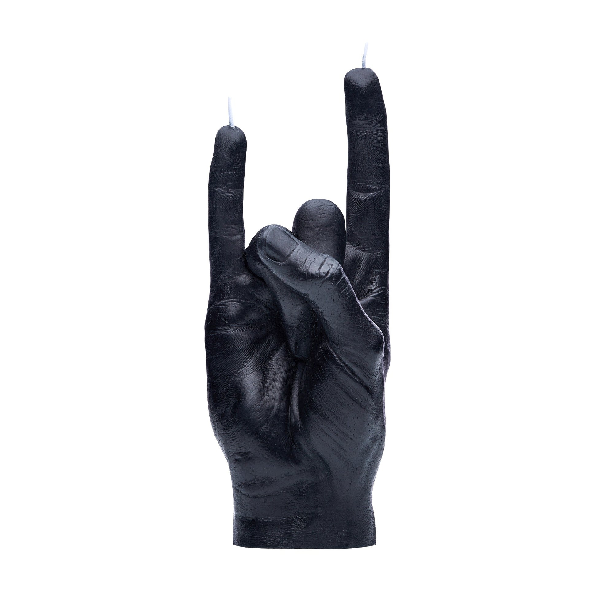Candlehand rock-hand kaars — levensechte hand in rock horns gebaar, handgemaakt in Europa.