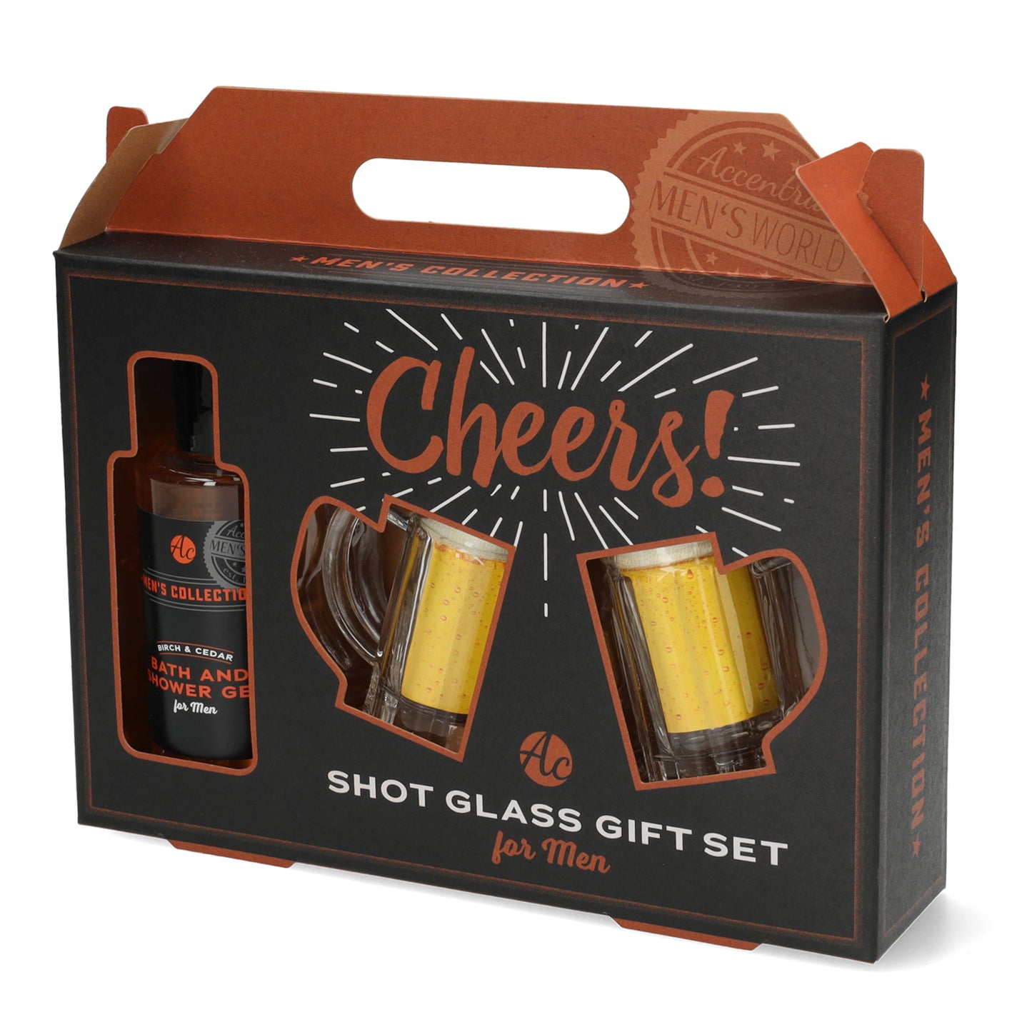 Compact cadeaupakket Birch & Cedar douche gel en 2 shotglaasjes in pul vorm - travel -vriendelijk en een origineel mannen cadeau.