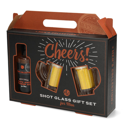 Compact cadeaupakket Birch & Cedar douche gel en 2 shotglaasjes in pul vorm - travel -vriendelijk en een origineel mannen cadeau.