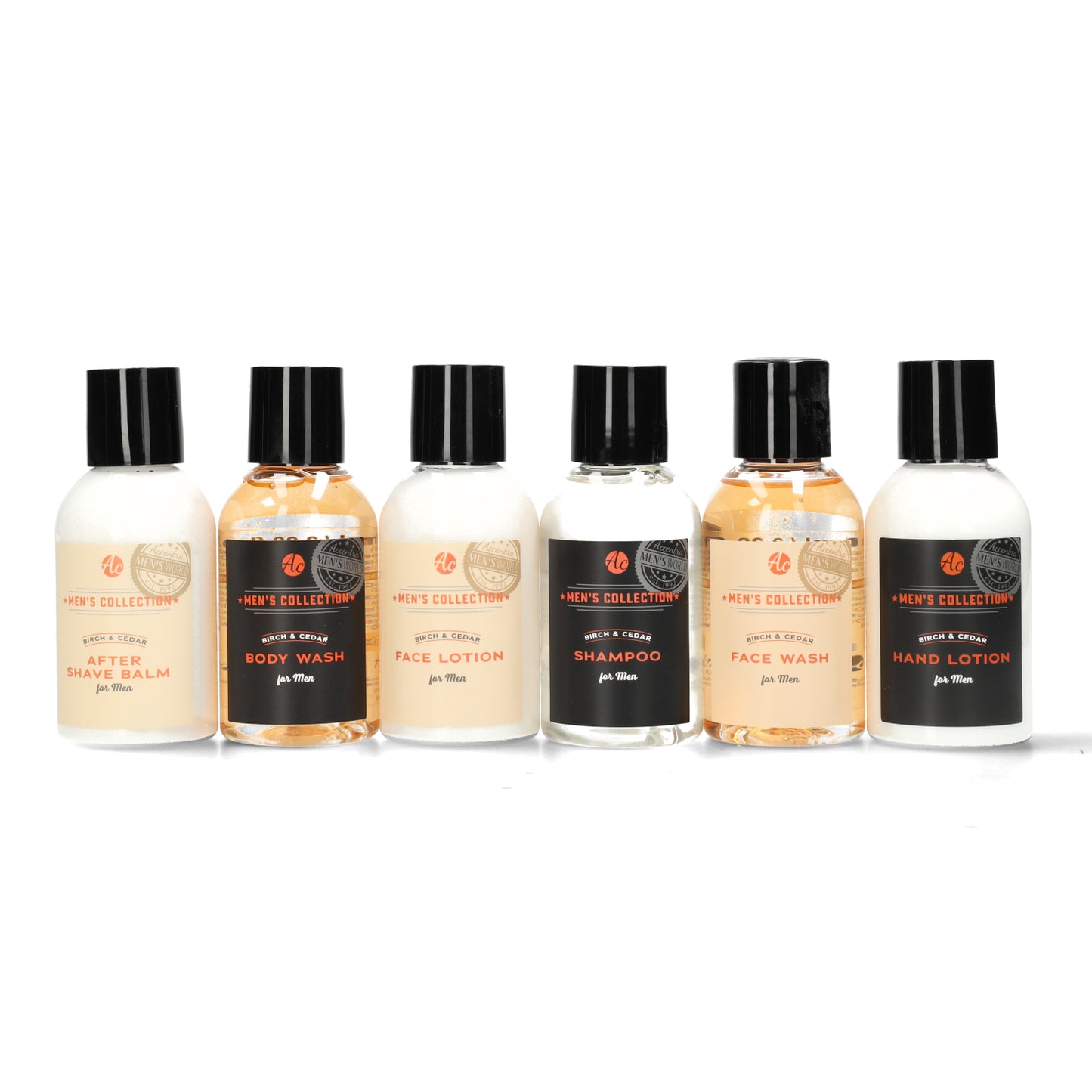 Complete toilettasset voor mannen - kraft six - pack met mini - flesjes - shampoo - bodywash - facewash - facelotion - handlotion aftershave en cadeauverpakking.