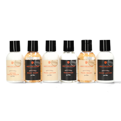 Complete toilettasset voor mannen - kraft six - pack met mini - flesjes - shampoo - bodywash - facewash - facelotion - handlotion aftershave en cadeauverpakking.