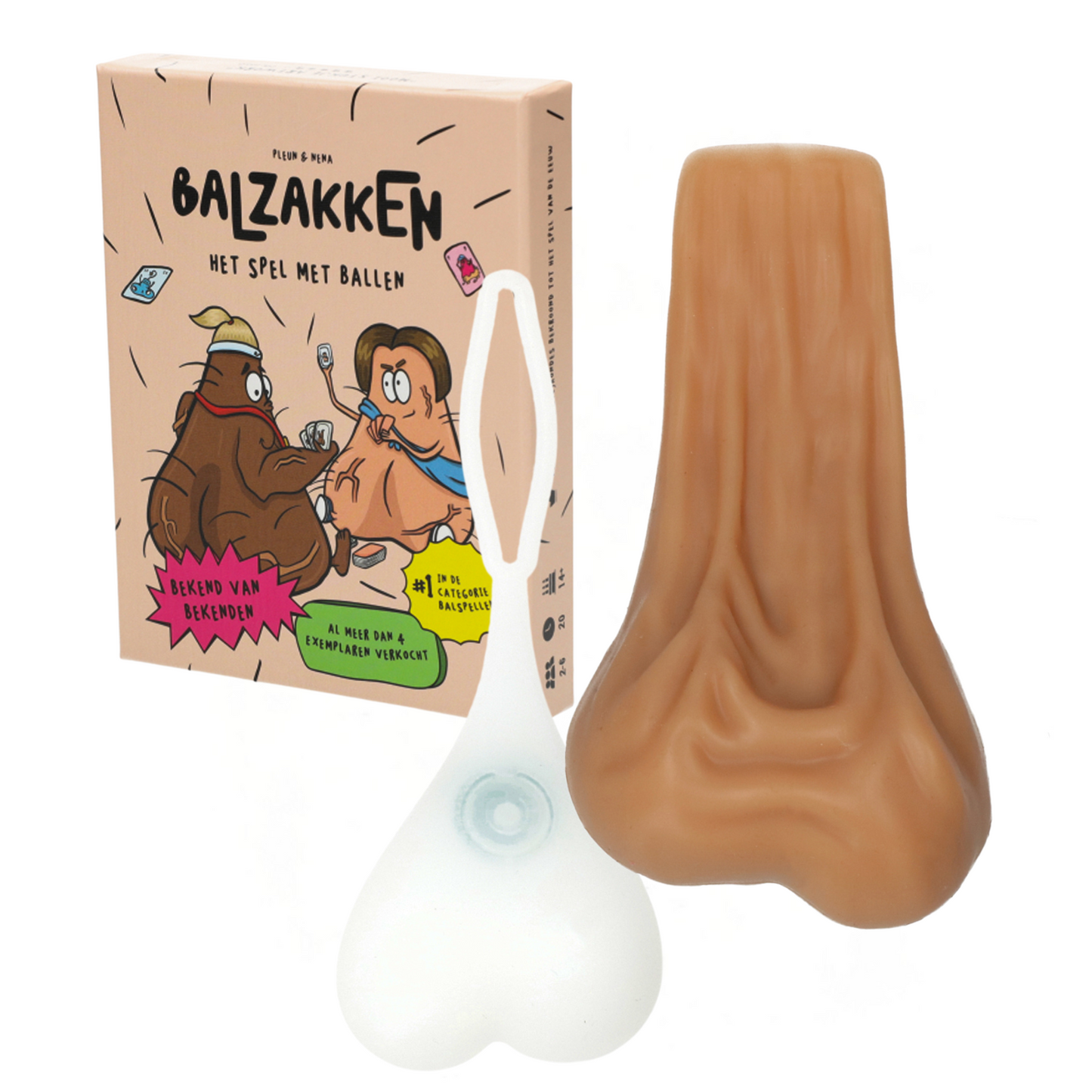 Humoristische cadeau set met korting — Balzakken gezelschapsspel, grappige deurstopper en fietslicht in ballen design.