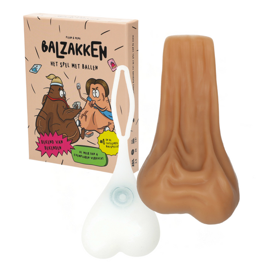 Humoristische cadeau set met korting — Balzakken gezelschapsspel, grappige deurstopper en fietslicht in ballen design.