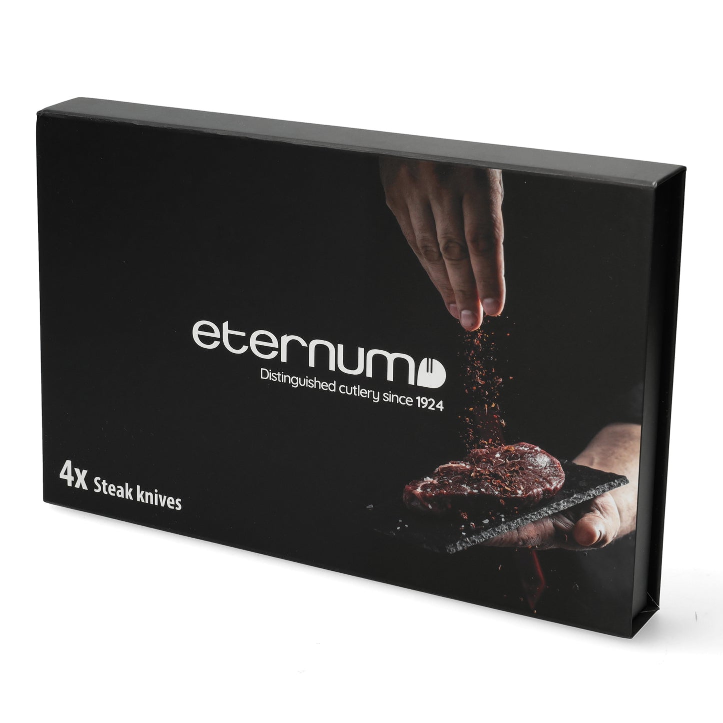 Eternum steakmessen set van 4 in zware zwarte verpakking - chique design en ergonomische houten grepen van Belgische kwaliteit.