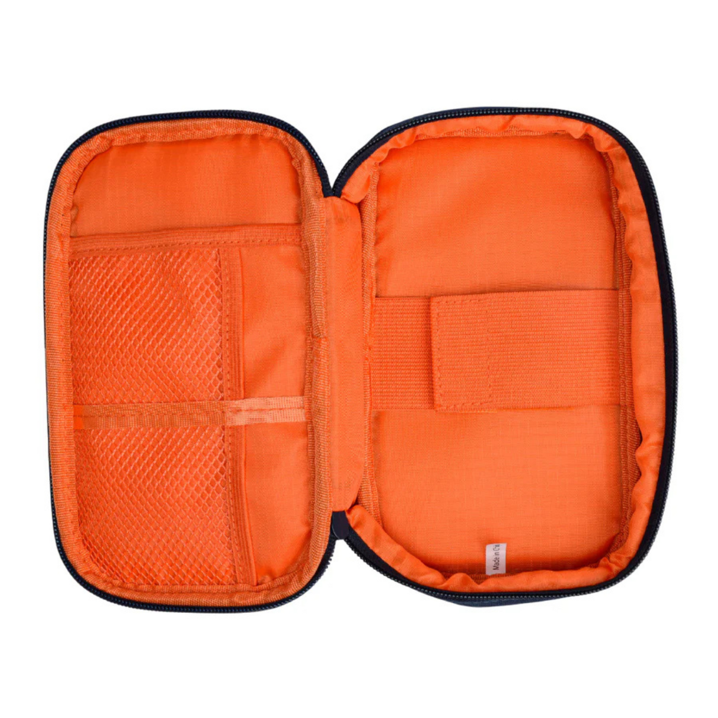 Tech Tidy kabeltas — stijlvolle navy buitenkant met fel oranje vakken.