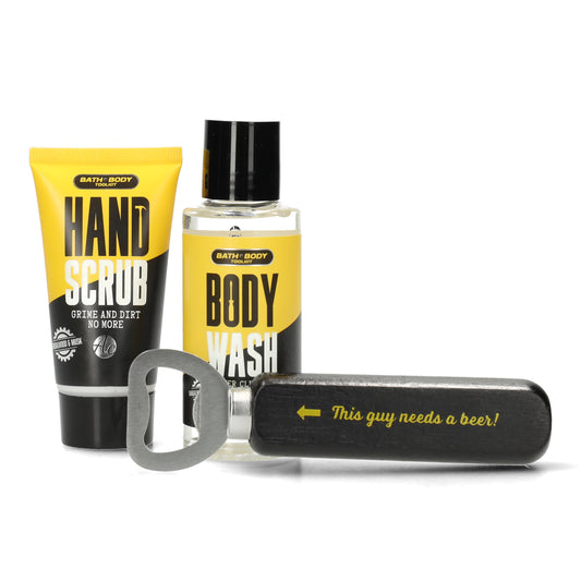 Geschenkset Bad & Body voor actieve mannen - praktischeverzorging en nette verpakking - ideaal als vaderdag of verjaardagscadeau.