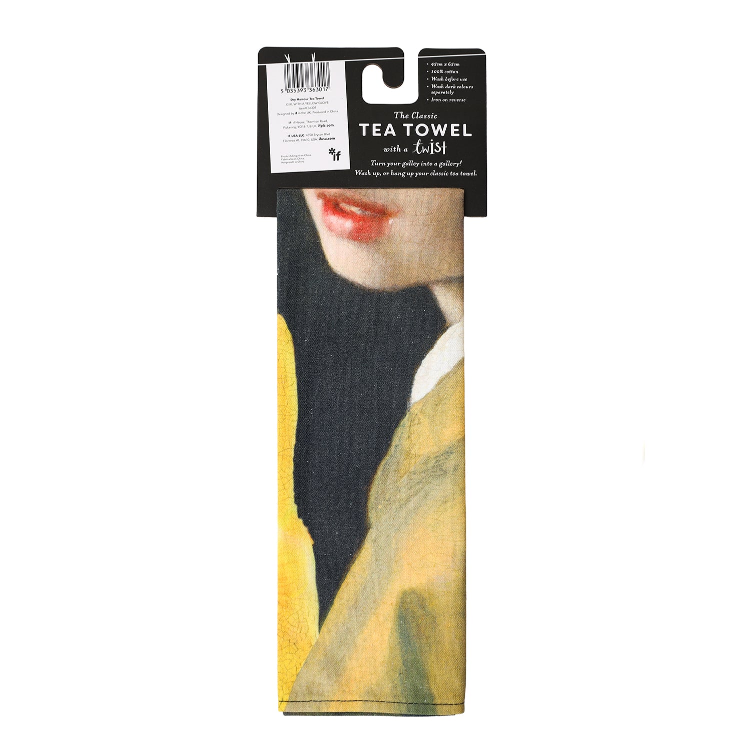 Grappige theedoek met kunstprint — Meisje met de gele handschoen, perfect housewarming cadeau.