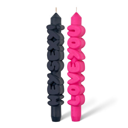 Hey Sexy & Love You taper candles — handgemaakte kaarsen set in zwart en roze, ideaal cadeau voor verjaardag partner