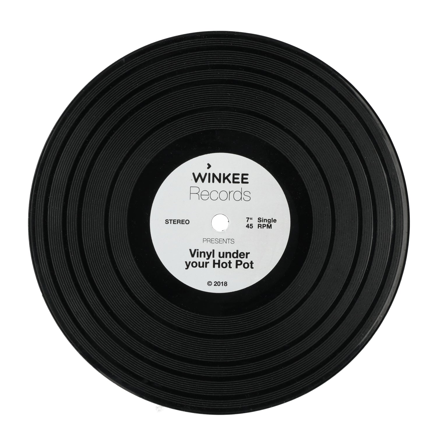 Hittebestendige onderzetter in de vorm van een vinyl plaat — stijlvol en praktisch keukenaccessoire.