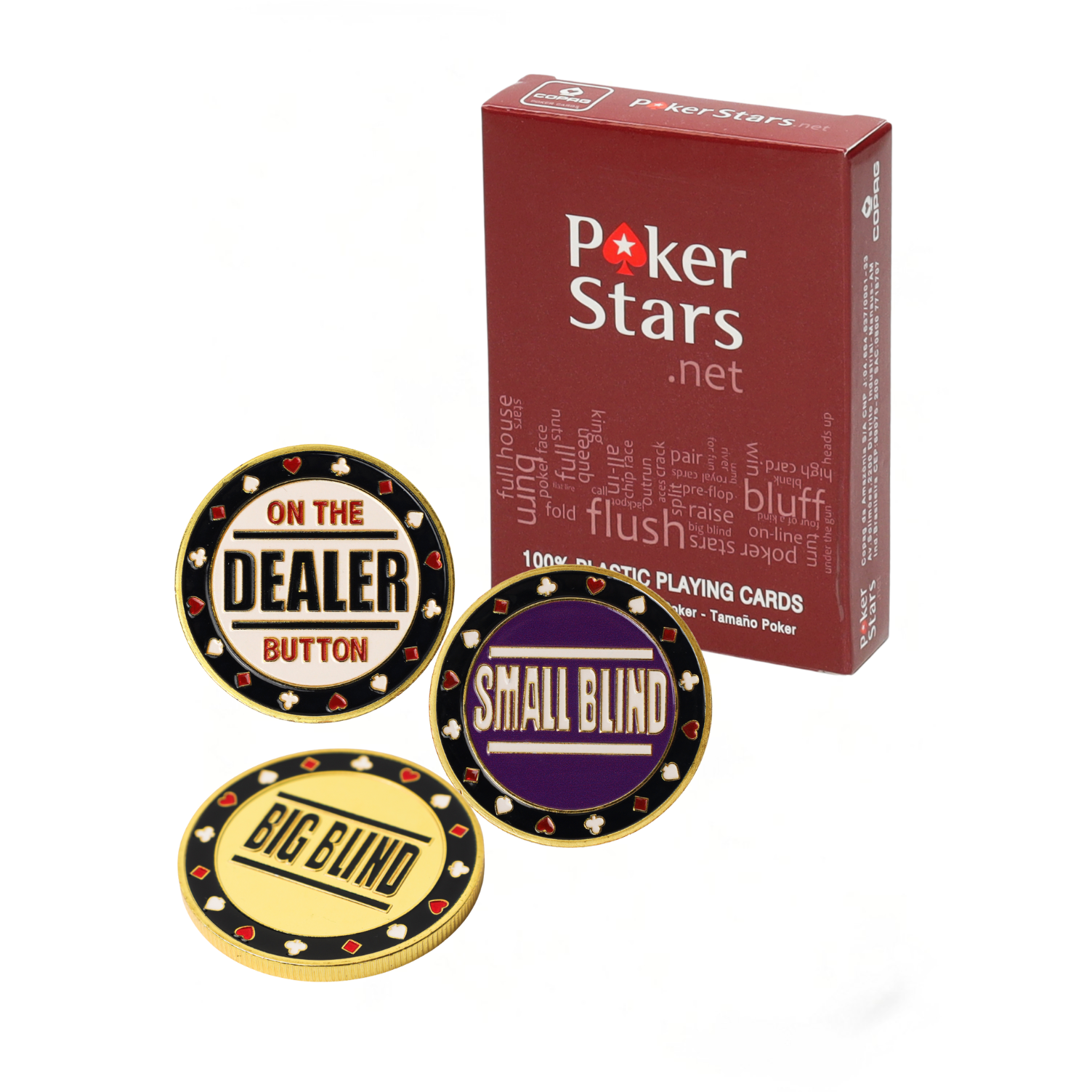 Jack’s pokerset rood of zwart — PVC kaarten met dealer, big blind en small blind buttons.