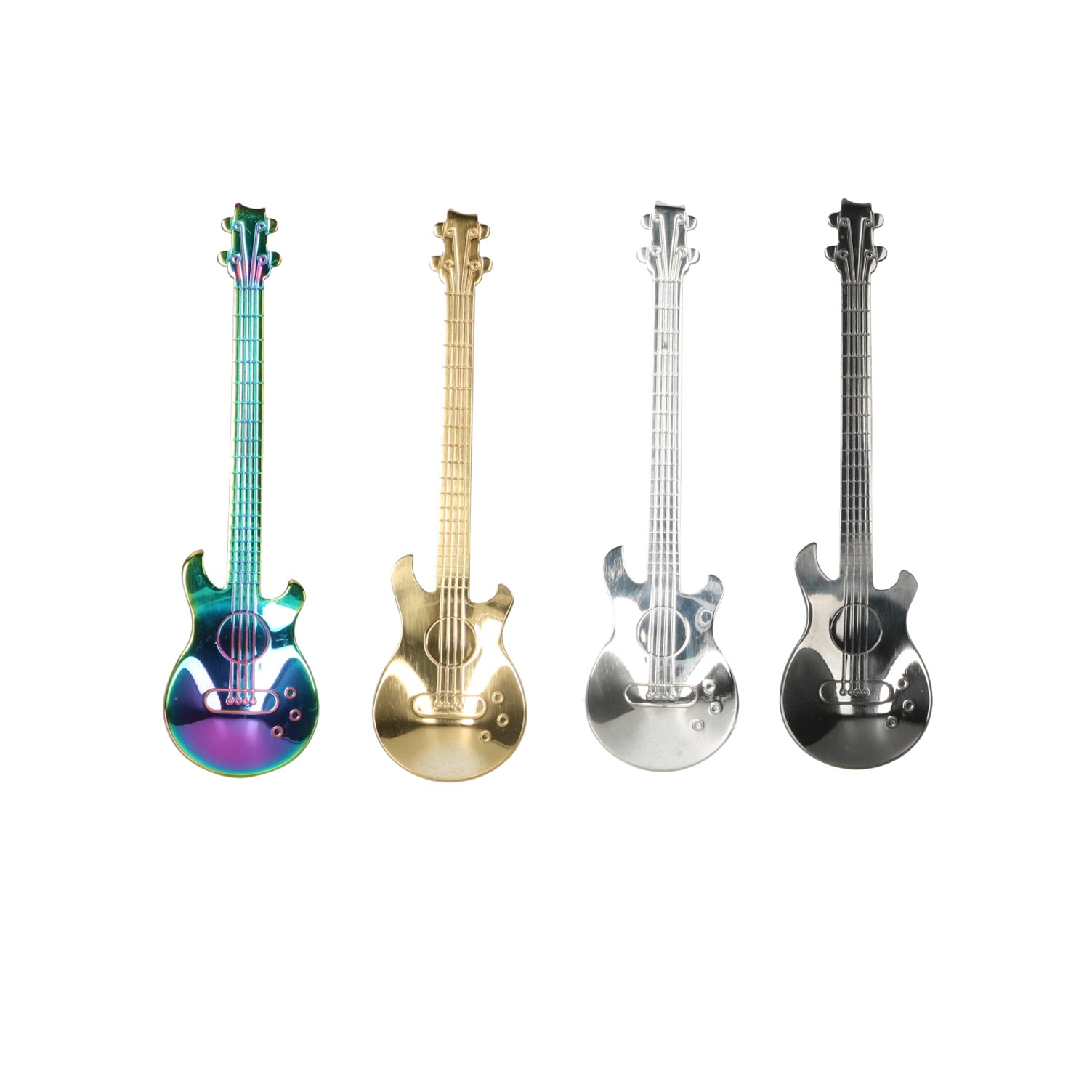 Kleurrijke guitar spoonset - stevige koffielepels in vier tinten - vaatwasbestendig en perfect voor koffiemokken en ontbijtkommen.