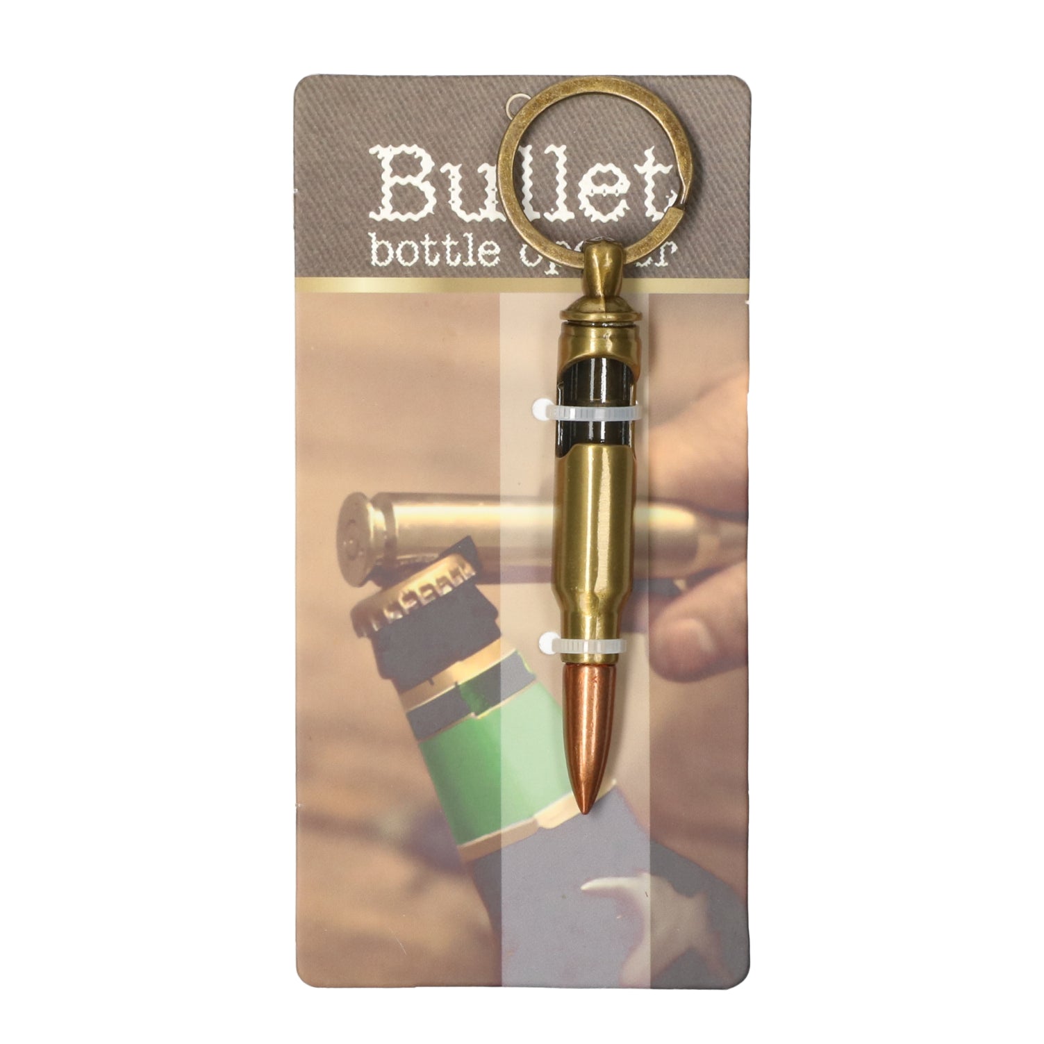 Kogel flesopener en sleutelhanger — stoer metalen accessoire om altijd een opener bij je te hebben.